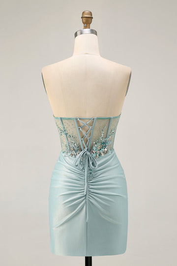 Grey Green Bodycon Strapless Cocktail Dress with Sequins